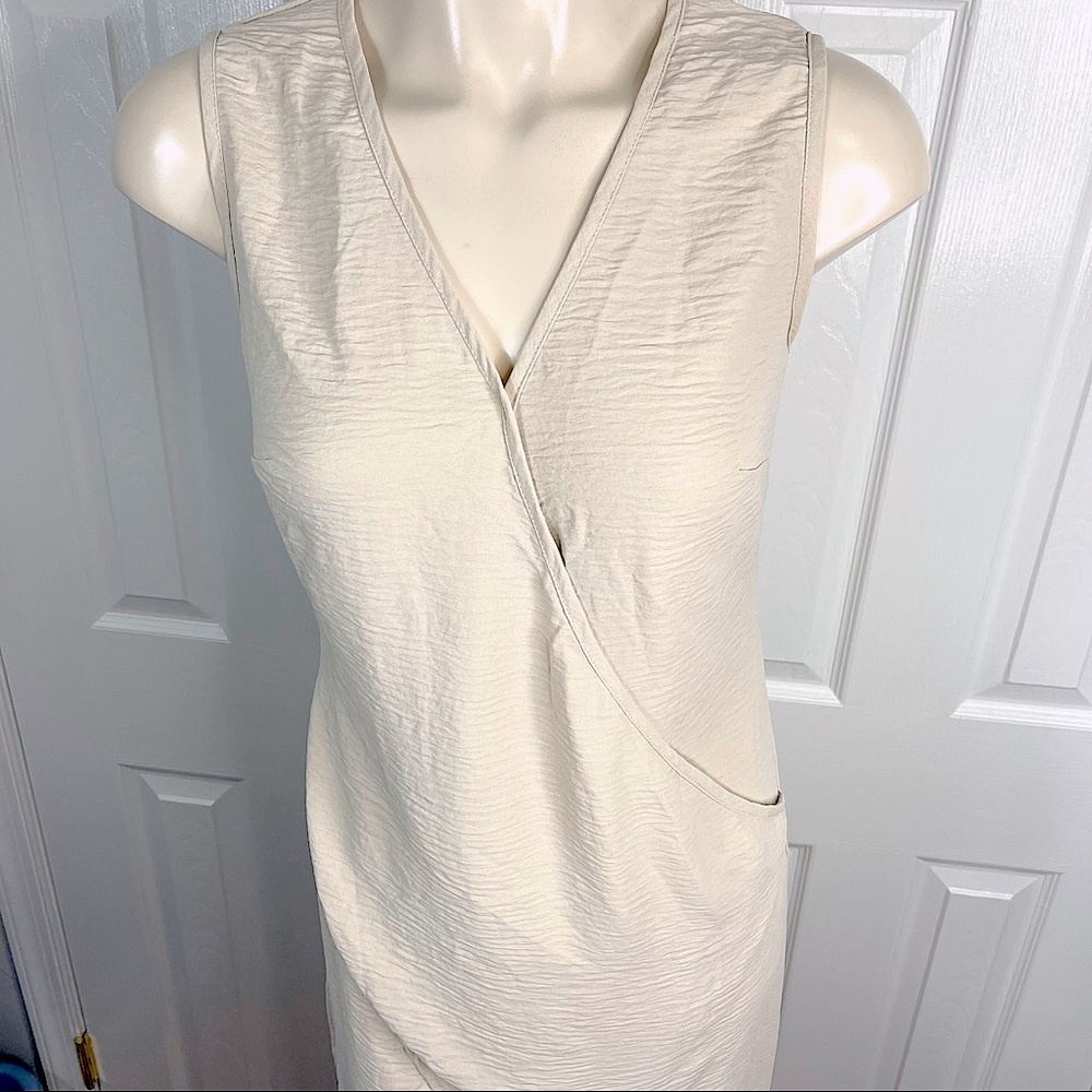 SHEIN long wrap rippled dress LIGHT NATURAL STONE sleeveless V neck casual S